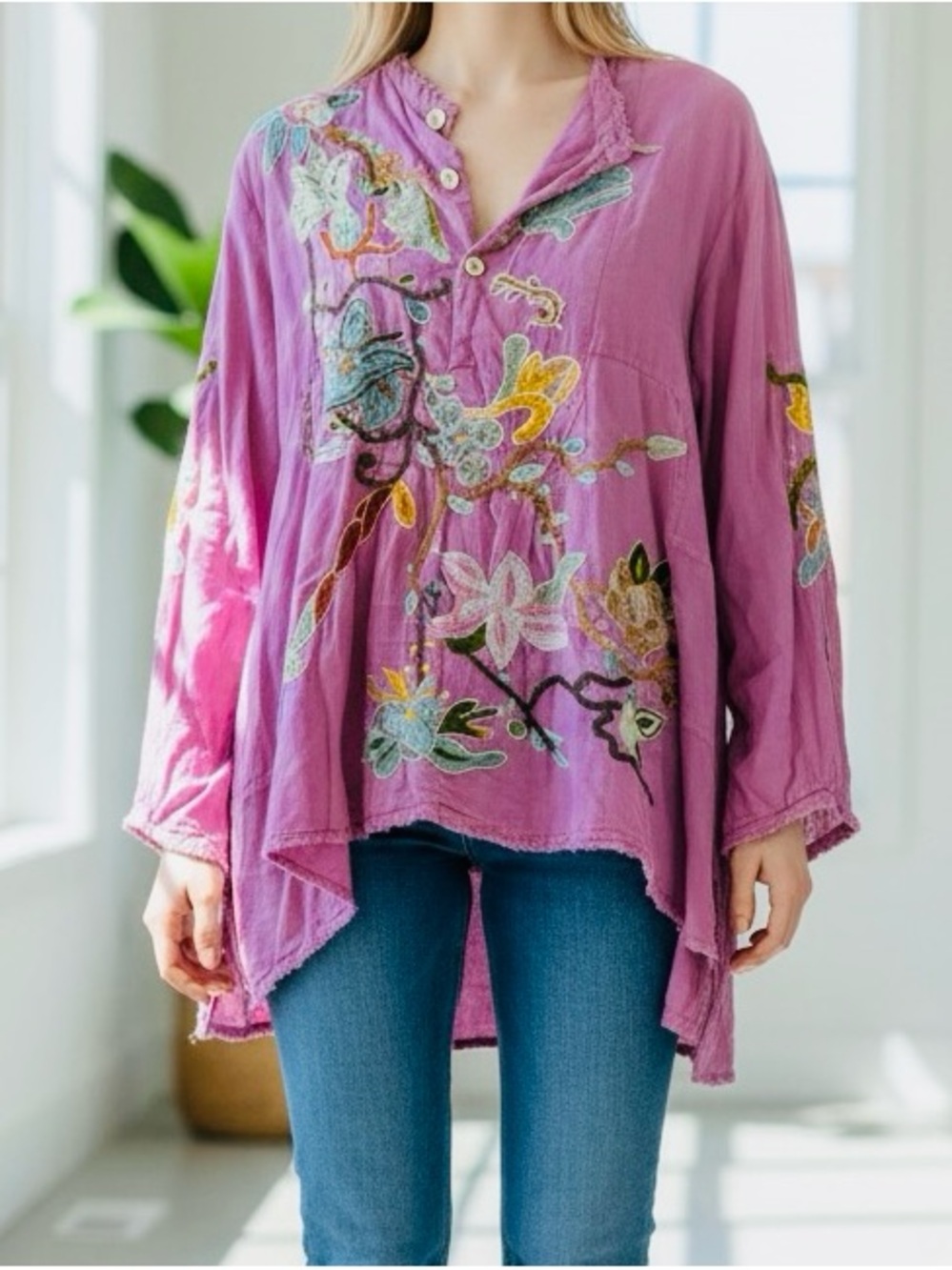 Rare Magnolia Pearl Gypsy Johnny Embroidered Shirt -Pink